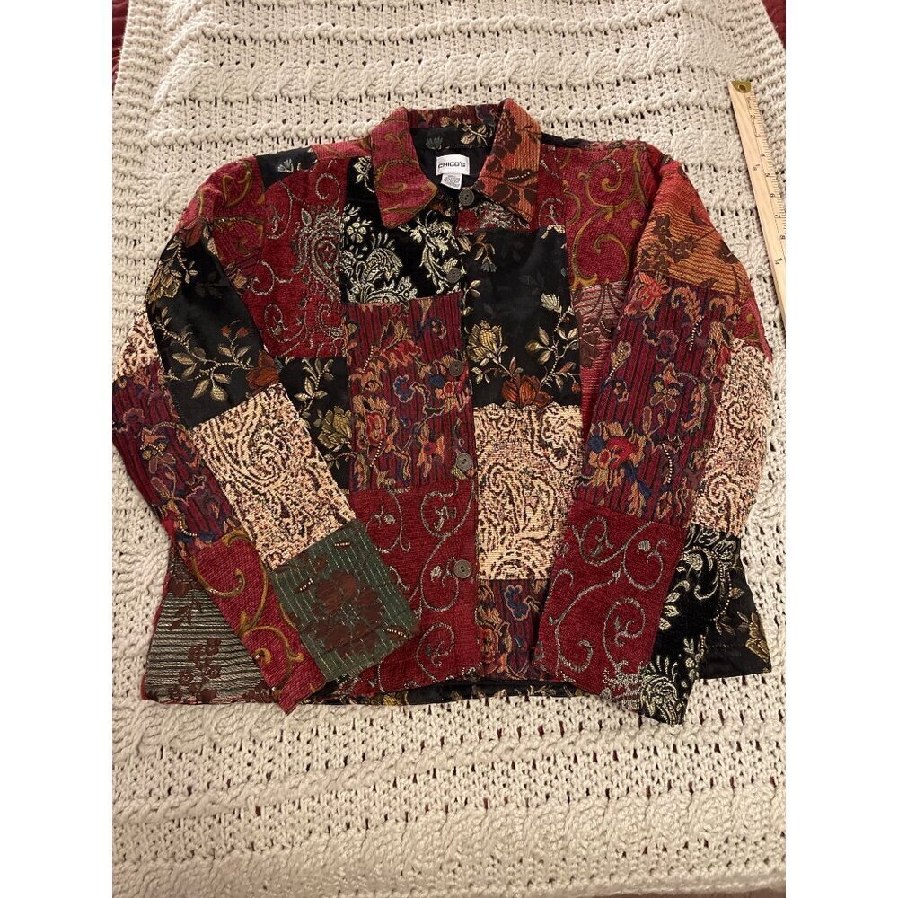 Chicos Patchwork Jacket Size 1 Multicolor Floral Tapestry Button Lined 46% VISCO